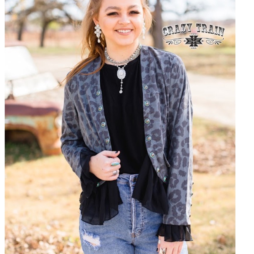 Crazy Train Gray Leopard Button-Up NWT - image 1